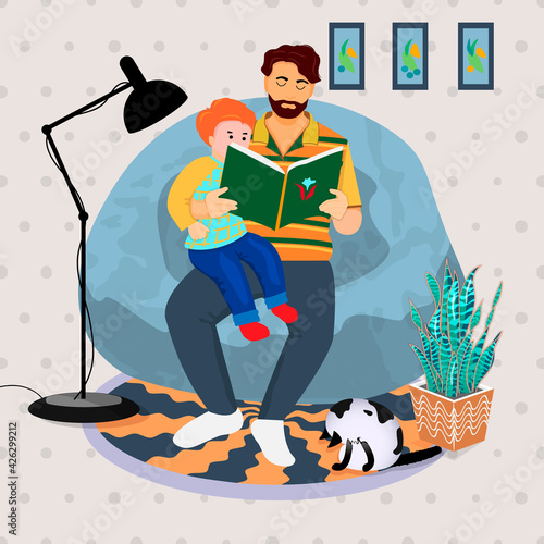 Background with elements of Father's Day.Happy dad holds his son on his lap and reads a book to him. The family is at home in a cozy environment with a cat, indoor flower, rug .Vector illustration