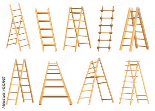 Set of wooden ladders household tool. Step ladders for domestic and construction needs. Isolated illustration