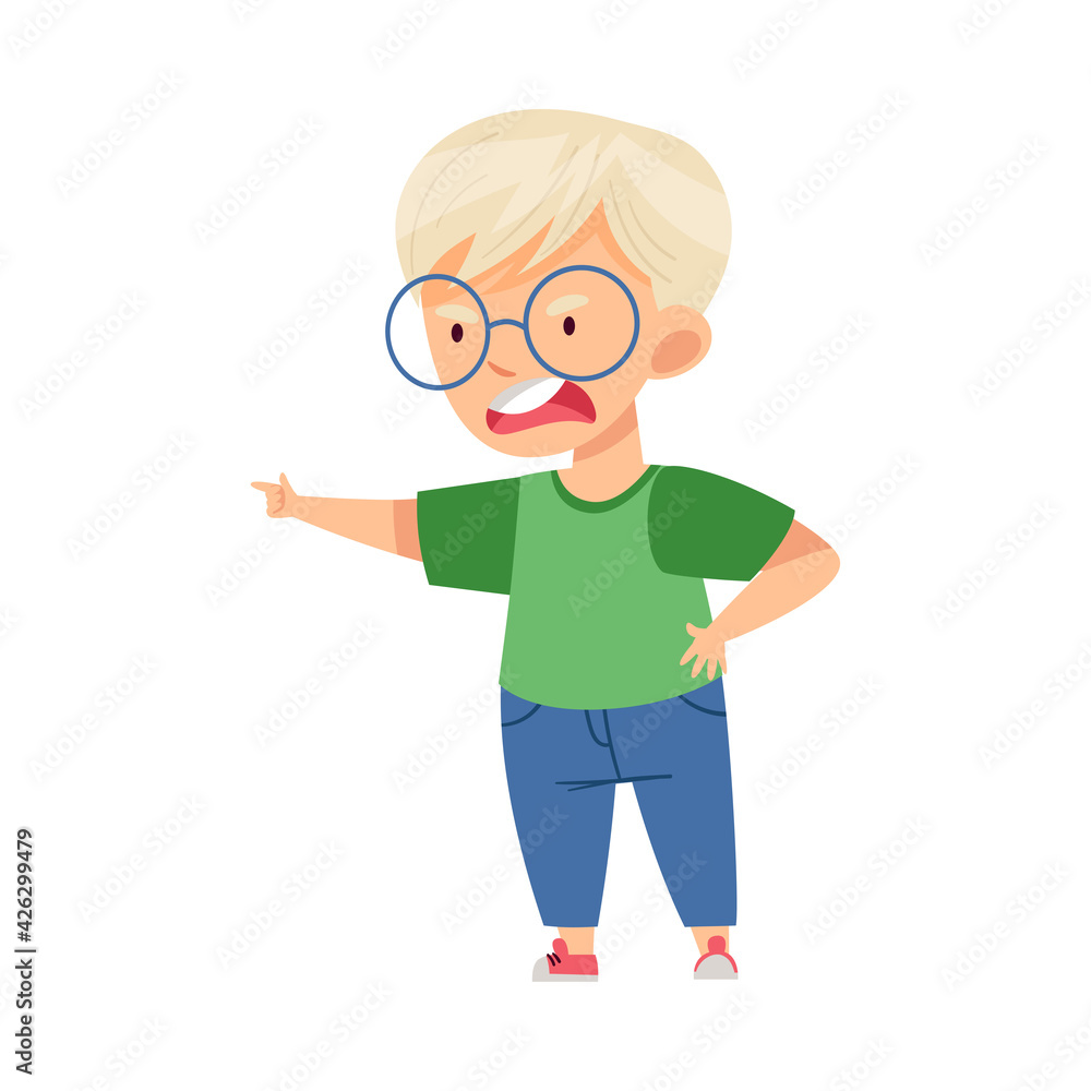Angry Blond Boy Bullying Somebody and Finger Pointing Abusing the Weak Vector Illustration