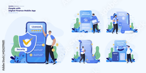 Illustration collection set about people with digital finance mobile application