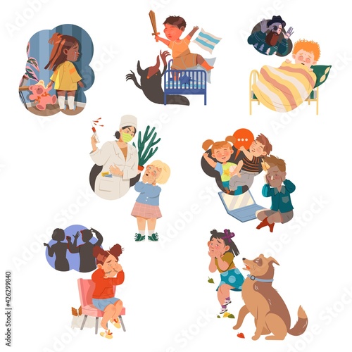 Children Having Fears Afraid of Dogs, Syringe and Monsters Vector Set