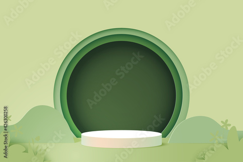 3d Paper cut abstract minimal geometric shape template background.White cylinder podium on green nature background.