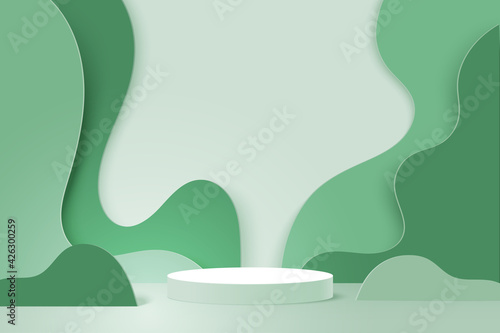 3d Paper cut abstract minimal geometric shape template background.White cylinder podium on green nature wavy layer background.