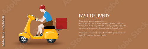 Young guy rides a scooter  orange vintage scooter with box for food delivery isolated on brown background  banner of online delivery service and stay home concept  vector illustration