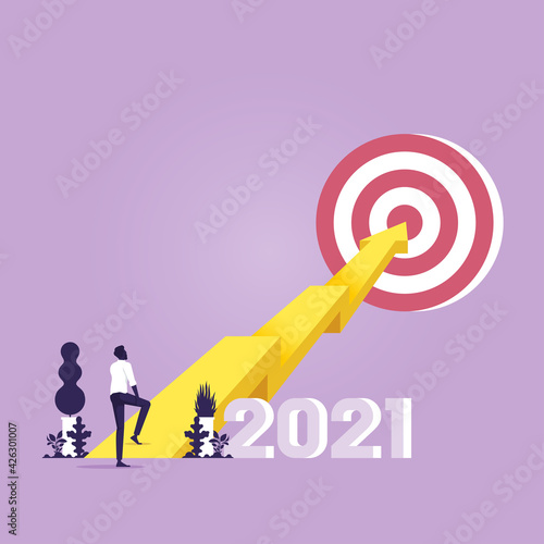 Businessman walk on arrow to the success target on top, symbol of the startup, business finance concept, achievement, leadership, vector illustration flat style