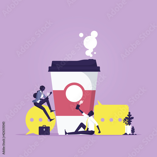 Break and relaxation vector concept, business people having coffee break, Business man and woman drinking coffee or tea with dialog speech bubbles, coffee break, having nice chat