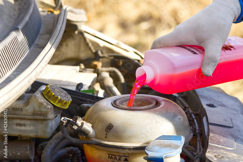 Pouring coolant, Service of cars. Pouring antifreeze. Mechanic fills the coolant G12 to tank in the engine. Automobile maintenance, coolant exchange in old car photo