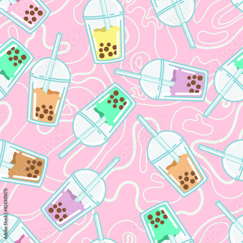 Bubble milk tea. A sweet cold drink with tapioca pearl balls. Asian street food from Taiwan. Assortment of different fruit flavors. Seamless background with pattern.