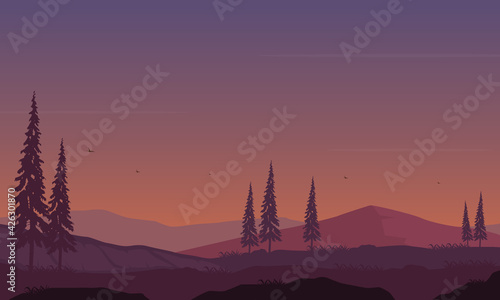 Incredible view of the suburbs with the silhouettes of cypress trees around it. Vector illustration © City
