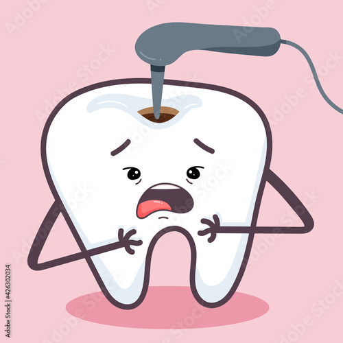 Treatment of a tooth with caries. Frightened tooth.