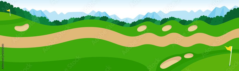 ゴルフコースのイラスト。山あり谷ありのゴルフコースとカート道の風景。 ゴルフコースのイラスト。山あり谷ありのゴルフコースとカート道の風景。