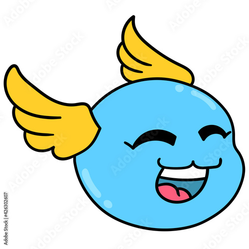 a smiling head with a cute face with wings. doodle icon drawing