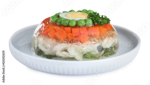 Delicious fish aspic in plate isolated on white