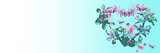 Blooming heart made of branches of apple and lilac on a blue background. Spring banner with flowers and insects. Copy space.