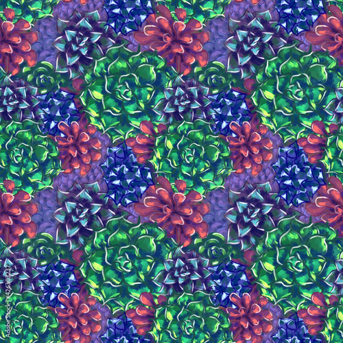 Succulent Seamless Pattern Digital Hand Drawn Illustration Purple Field with Aloe and Echeveria Pachyphytum. Design for surface design, fabric, wrapping paper, background