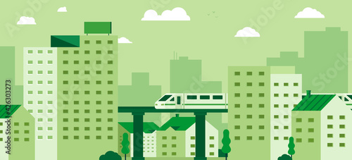 Subway over city skyscraper view cityscape background skyline flat banner vector illustration, green city theme