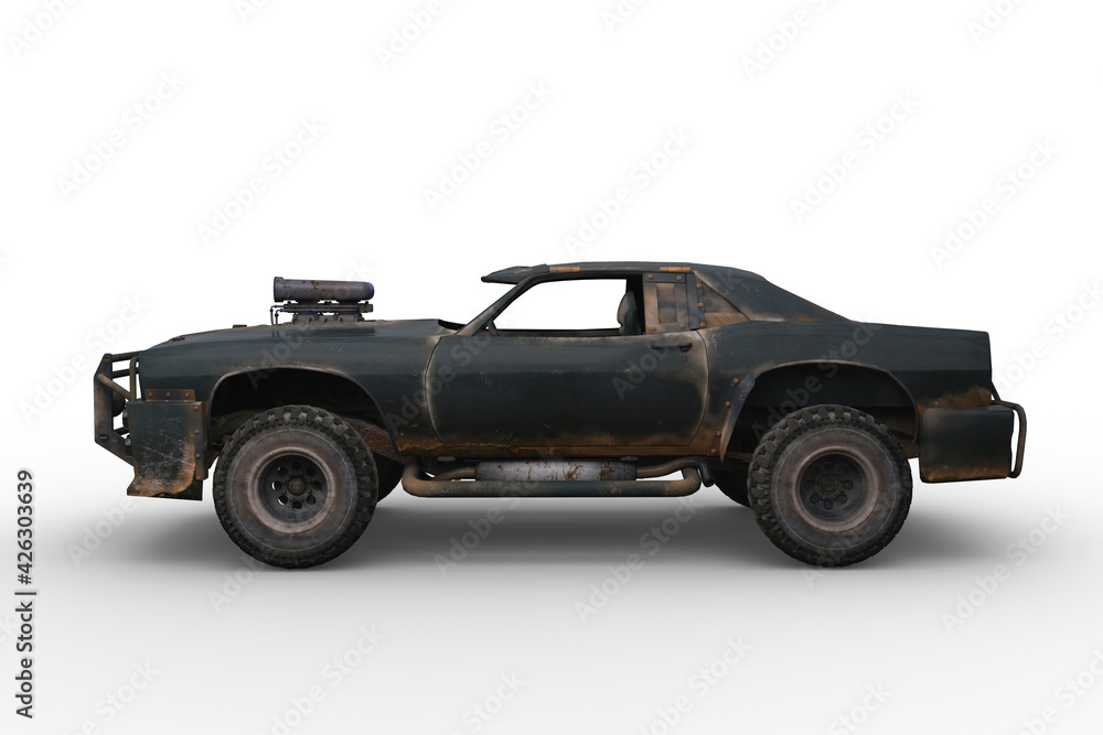 3D rendering of a post apocalyptic vehicle isolated on a white background.