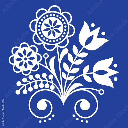 Scandinavian folk art ornament with flowers, Nordic floral design, retro background in white on navy blue
