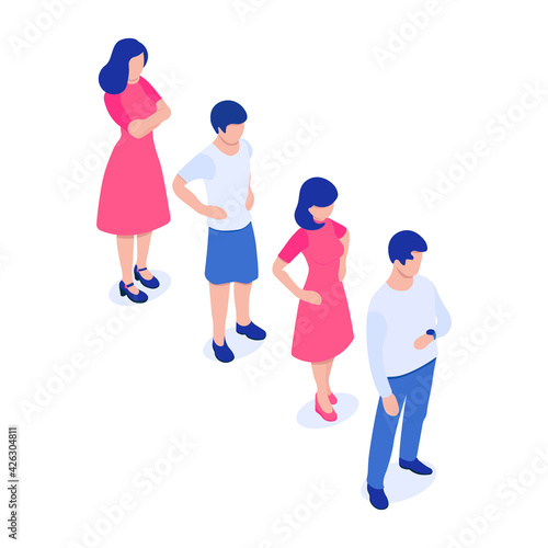 Queue of people of different gender and age, men and women. Several flat faceless characters. Vector illustration in isometric style. Isolated on white background.