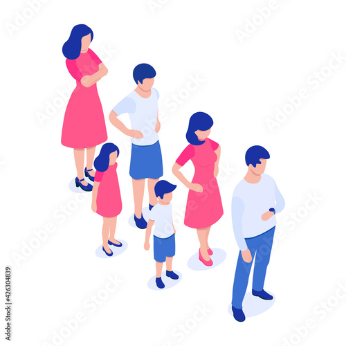 Queue of people of different gender and age, Adults, children and adolescents, men and women. Several flat faceless characters. Vector illustration in isometric style. Isolated on white background.