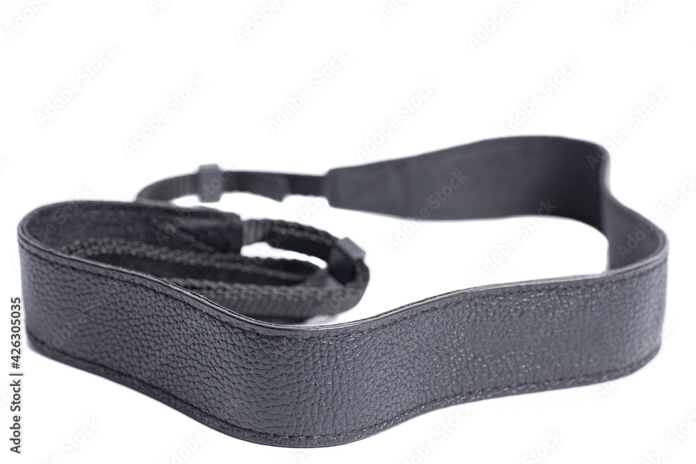 Black leather camera strap isolated on white background Black leather camera strap isolated on white background