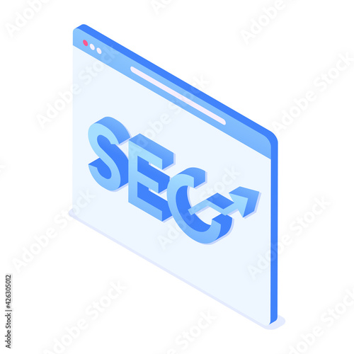 Web page with the words SEO on it. Website search engine optimization concept. Vector illustration in isometric style. Isolated on white background.