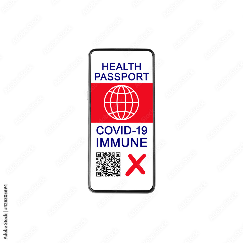 Digital Health passport NO COVID 19 immunity smartphone screen white background isolated, coronavirus vaccination certificate mobile phone app, NOT vaccinated people, international tourism travel, red Digital Health passport NO COVID 19 immunity smartphone screen white background isolated, coronavirus vaccination certificate mobile phone app, NOT vaccinated people, international tourism travel, red