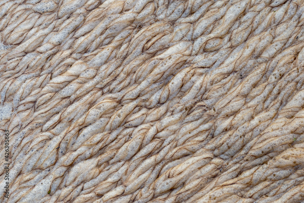 Close-up Texture Sponges on the water surface of the river after rain leach the soil surface into the river. It looks like coffee froth. Close-up Texture Sponges on the water surface of the river after rain leach the soil surface into the river. It looks like coffee froth.