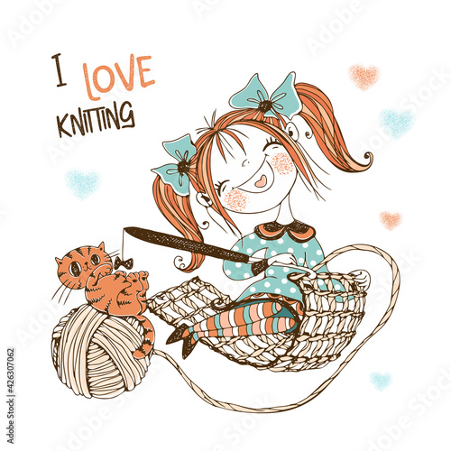 Cute girl needlewoman with a cat knits crochet. Vector