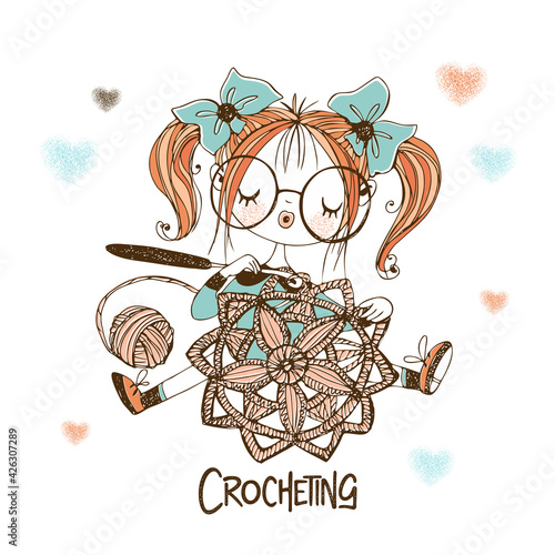 A cute needlewoman girl is crocheting an openwork napkin. Vector