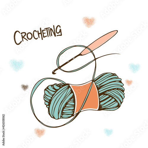 A ball of yarn with a crochet hook. Vector
