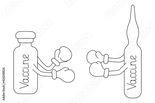 
Vaccine. Ampoule and vial. Sketch. Vaccines put on boxing gloves and wrestle. Vector illustration. Two glass containers with medicine. Duel of coronavirus vaccines. Difficult choice. Immunization. 