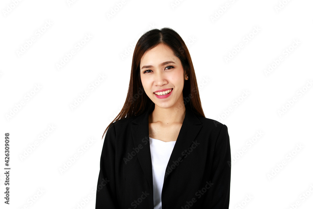 Asian young long brown hair successful beautiful female businesswoman wears black formal suit with pants and white inner shirt stand smile happily in white background Asian young long brown hair successful beautiful female businesswoman wears black formal suit with pants and white inner shirt stand smile happily in white background