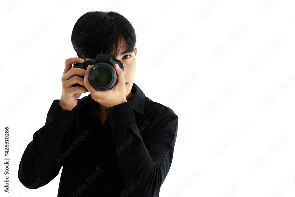 Asian young handsome successful happy male model photographer wears black long sleeve shirt hold DSLR camera and pose in shooting gesture Asian young handsome successful happy male model photographer wears black long sleeve shirt hold DSLR camera and pose in shooting gesture
