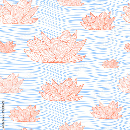 Colorful lotus on water line art seamless pattern for print or textile  japanese style and vibes  ornate