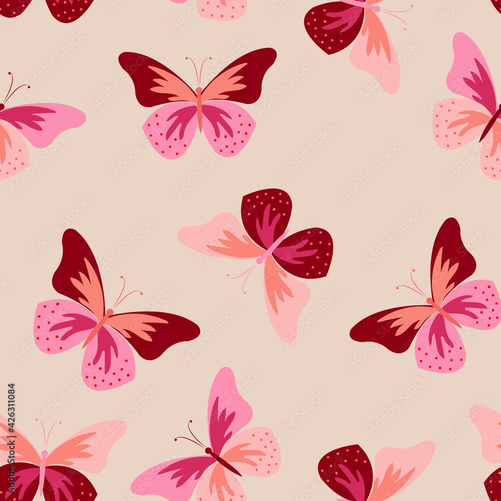 Spring seamless pattern design for wrapping paper, stationery, textiles.Vector illustrated. Multicolored butterflies on a beige background. Minimalistic pattern. Spring seamless pattern design for wrapping paper, stationery, textiles.Vector illustrated. Multicolored butterflies on a beige background. Minimalistic pattern.