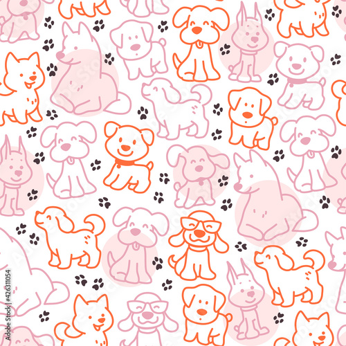 Seamless pattern design with cute little dog silhouettes and paw trace isolated on white background. Vector line art illustration. For kids gifts packaging, wrapping paper etc.