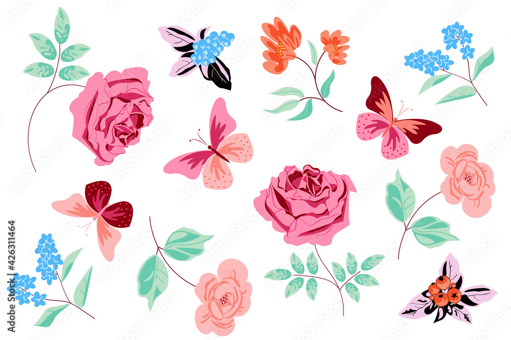 Variety of multicolour flowers. Vector illustration for web, app and print. Elegant floristic isolated roses, peonies flowers, butterflies. Garden, botanical, minimalistic modern floral set.