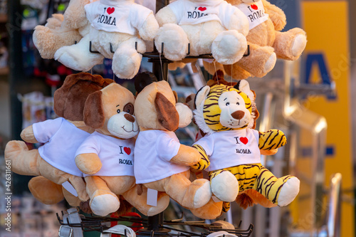 Photography Plush toys with the inscription I love Roma, a souvenir shop on the street in