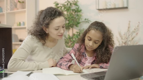 Supportive mother helping daughter to study, family help for distance education