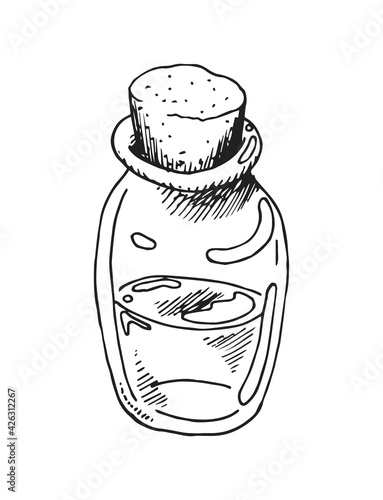 Small glass bottle of aroma oil with a cork. Isolated on white background. Hand-drawn ink sketch.