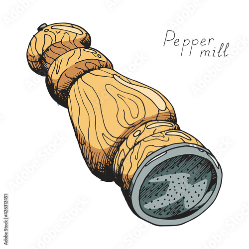 Classic vintage wooden pepper mill. Tool for the kitchen. Isolated on white background. Hand-drawn ink sketch.