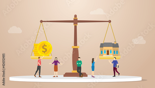 house vs money cash investment on scale comparison with modern flat style