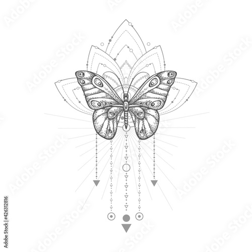 Vector illustration with hand drawn butterfly and Sacred geometric symbol on white background. Abstract mystic sign. Black linear shape.