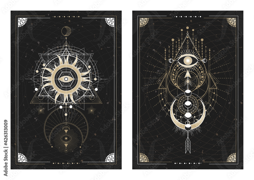 Vector dark illustrations with sacred geometry symbols, grunge textures and frames. Images in black, white and gold. Vector dark illustrations with sacred geometry symbols, grunge textures and frames. Images in black, white and gold.