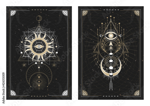 Vector dark illustrations with sacred geometry symbols, grunge textures and frames. Images in black, white and gold.