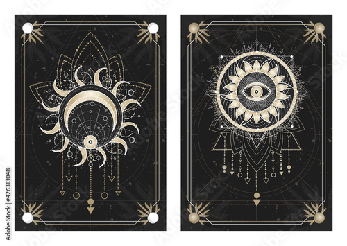 Vector dark illustrations with sacred geometry symbols, grunge textures and frames. Images in black, white and gold.