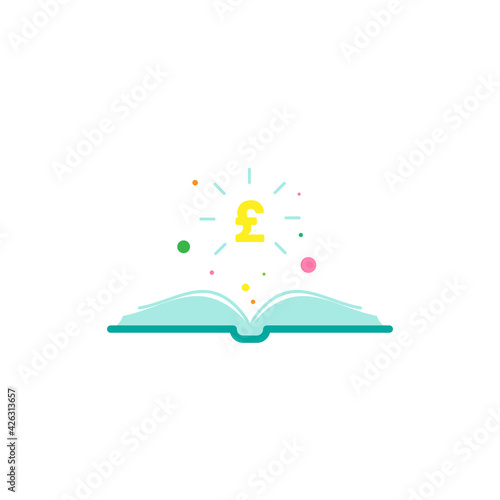 Open book with dots, stars and pound sterling sign flying out isolated on white.