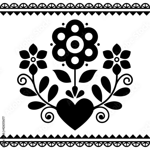 Polish folk art vector black and white design with flowers and heart perfect for Valentine's Day greeting card or wedding invitation
