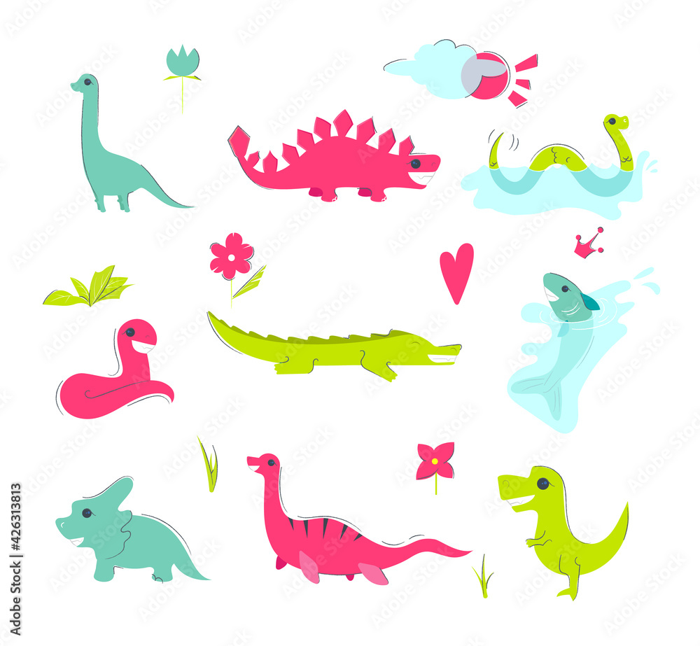Obraz premium Hand drawn dinosaurs, tropical leaves and flowers. Cute dino design elements. Vector illustration.